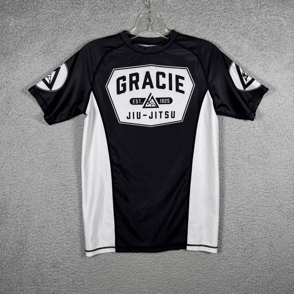 Gracie Jiu-Jitsu Rash Guard Men XS Black White Short Sleeve BJJ MMA Training Top